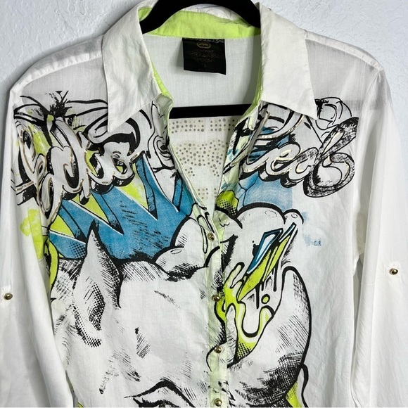 Ecko Red Top Women Large Y2K Shirt Rhino Graffiti Artsy Vintage Button Up Tunic - Picture 3 of 12